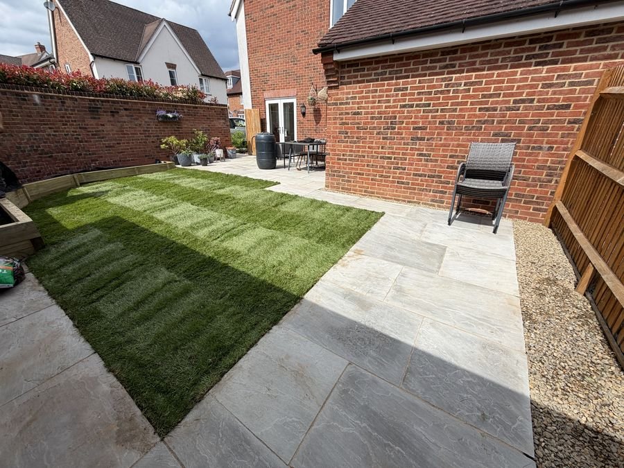 Porcelain patio and levelled lawn