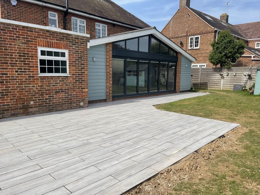 Paving installed around a new extension