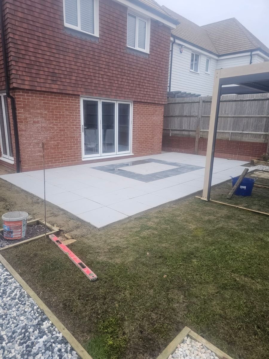 Grey porcelain patio on a new build