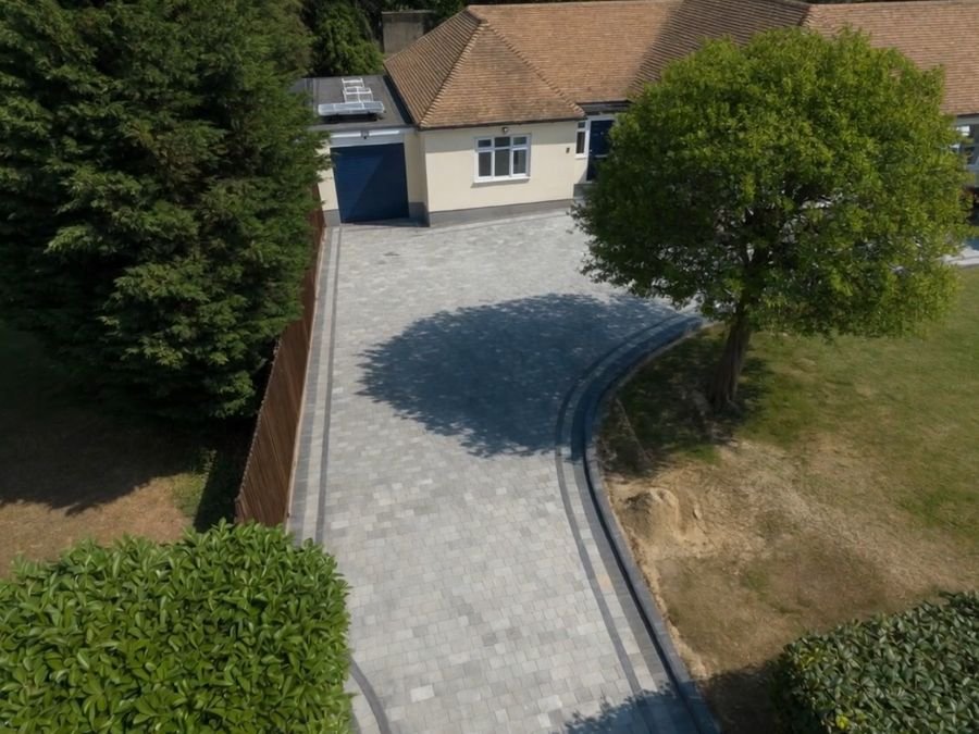 Block paved driveway and turning area, from the air